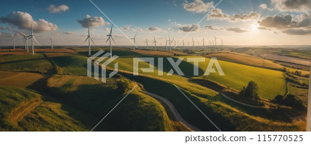 Image of a wind farm in rural areas with picturesque fields and a bright sky 115770525