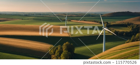 Image of a wind farm in rural areas with picturesque fields and a bright sky 115770526