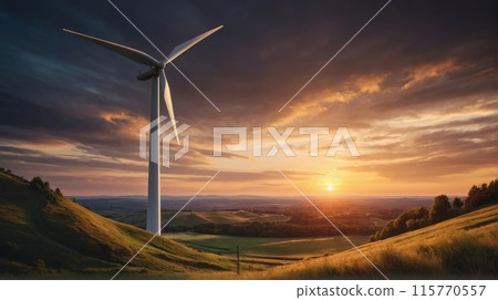 Rendering of a wind turbine on hilly terrain with a beautiful sunset in the background 115770557