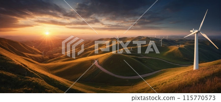 Rendering of a wind turbine on hilly terrain with a beautiful sunset in the background 115770573