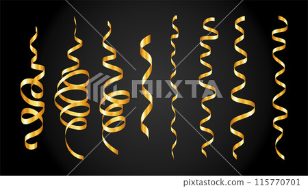Gold confetti. Serpentine spiral ribbons. Golden luxury party decor. 115770701