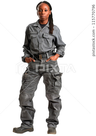 Portrait of a woman of African-American appearance isolated on a white or transparent background. Portrait of a young woman mechanic in dirty work clothes, Car repair and maintenance concept. Portrait of a woman of African-American appearance isolated on a white or transparent background. Portrait of a young woman mechanic in dirty work clothes, Car repair and maintenance concept. 115770796