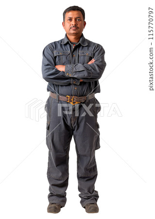 A set of portraits of an European man isolated on a white or transparent background. Portrait of a mechanic in dirty work clothes, Car repair and maintenance concept. A set of portraits of an European man isolated on a white or transparent background. Portrait of a mechanic in dirty work clothes, Car repair and maintenance concept. 115770797