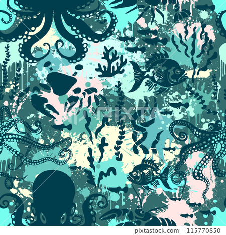 Seamless pattern sea inhabitants. hand drawing. Not AI. Vector illustration 115770850