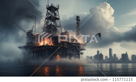 Painting of an oil rig against a skyline with city skyscrapers and clouds of smoke 115771115