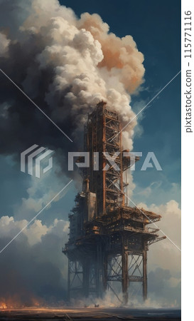 Painting of an oil rig against a skyline with city skyscrapers and clouds of smoke 115771116