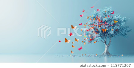 Surreal tree shedding vibrant butterflies, perfect for World Mental Health Day 115771207