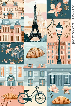 Stylized illustration of Paris featuring the iconic Eiffel Tower, charming city buildings 115771223