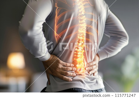 X-ray view of a spine with a highlighted pain region, useful for orthopedic and medical imaging 115771247
