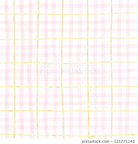 Gold Pink Plaid Gingham Check Hand Drawn Background 115771248
