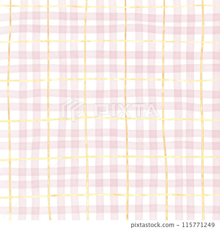 Gold Pink Plaid Gingham Check Hand Drawn Background 115771249