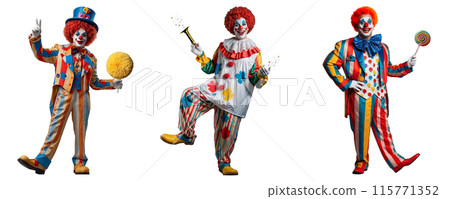 A set of clowns with various fun items. Circus clowns without background. A set of clowns with various fun items. Circus clowns without background. 115771352