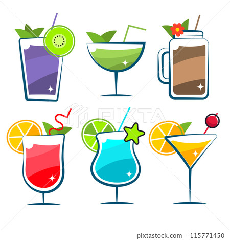 Cocktail glasses minimal vector thin line illustration. Six refreshing cocktails with ice cubes and lemons. Party in the club. Created for menu designs. Set of alcoholic drinks like Mojito or Martini Cocktail glasses minimal vector thin line illustration. Six refreshing cocktails with ice cubes and lemons. Party in the club. Created for menu designs. Set of alcoholic drinks like Mojito or Martini 115771450