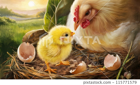 Mother Hen and Chick in Nest 115771579