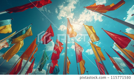 International Flags Against Blue Sky 115771580