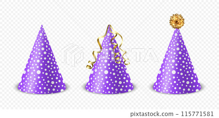 Vector 3d Realistic Purple and White Birthday Party Hat Icon Set Isolated. Party Cap Design Template for Party Banner, Greeting Card. Holiday Hats, Cone Shape, Front View Vector 3d Realistic Purple and White Birthday Party Hat Icon Set Isolated. Party Cap Design Template for Party Banner, Greeting Card. Holiday Hats, Cone Shape, Front View 115771581