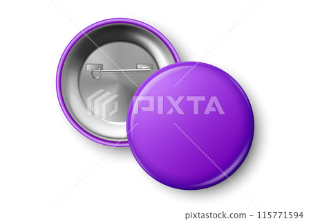 Vector 3d Realistic Purple Blank Round Button Badge Closeup, Isolated. ID Badge Design Template, Mockup. Design Template for Access Pass, Identification, Events. Front, Back Side View Vector 3d Realistic Purple Blank Round Button Badge Closeup, Isolated. ID Badge Design Template, Mockup. Design Template for Access Pass, Identification, Events. Front, Back Side View 115771594