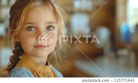 Portrait of a Girl with Freckles and Blue Eyes 115771641
