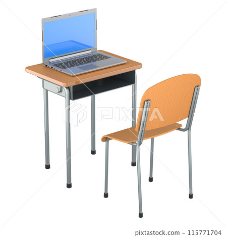 School desk with opened laptop. 3D rendering School desk with opened laptop. 3D rendering 115771704