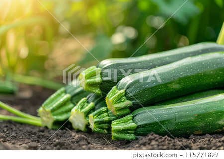 Freshly harvested zucchinis lying in a garden bed. Fresh organic produce 115771822