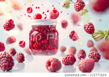 Jar filled with fresh cranberries surrounded by floating berries. Vibrant and dynamic 115771824