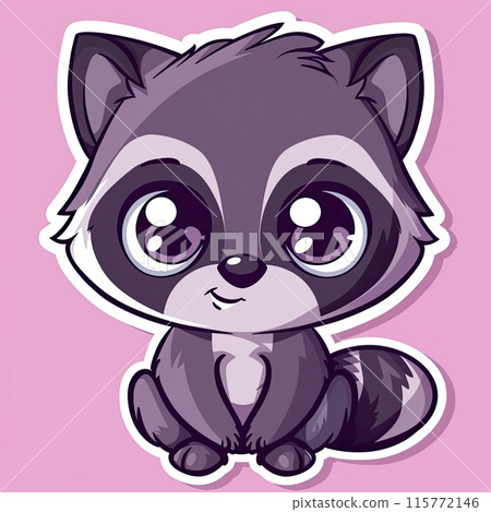 A cute cartoon raccoon is seated on a purple backdrop 115772146