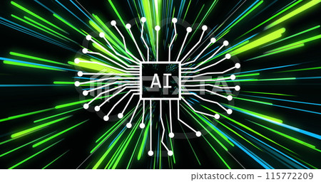 Image of artificial intelligence over green and blue neon light trails Image of artificial intelligence over green and blue neon light trails 115772209