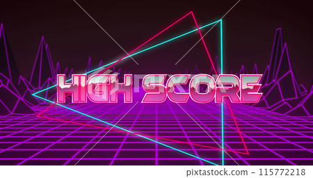 Image of high score text over colourful grid and digital terrain Image of high score text over colourful grid and digital terrain 115772218