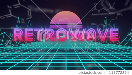 Image of retrowave text over grid graphs and statistics and digital terrain 115772224