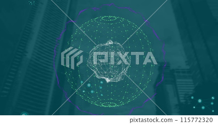Composition of globe with networks of connections and cityscape Composition of globe with networks of connections and cityscape 115772320
