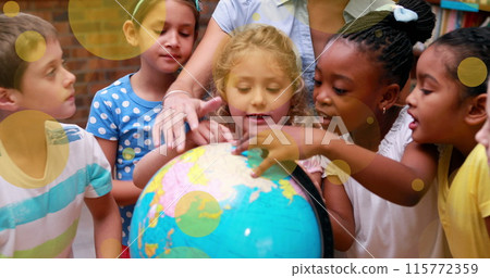 Image of light spots over biracial female teacher with diverse schoolchildren in library Image of light spots over biracial female teacher with diverse schoolchildren in library 115772359