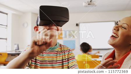 Composite image of math concept icons against caucasian boy wearing a vr headset at school Composite image of math concept icons against caucasian boy wearing a vr headset at school 115772369