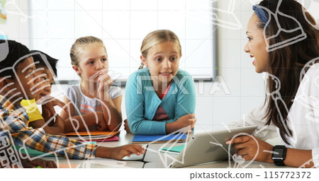 School concept icons against african american female teacher teaching a group of students at school 115772372