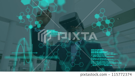Image of scientific data over senior arfican american man wearing vr headset in office Image of scientific data over senior arfican american man wearing vr headset in office 115772374