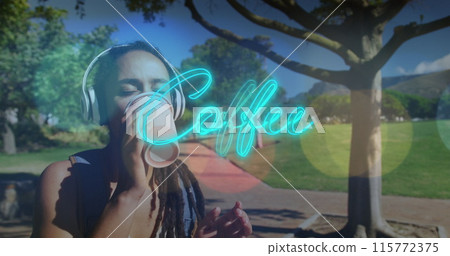 Neon blue coffee text banner against african american woman drinking coffee in the park 115772375