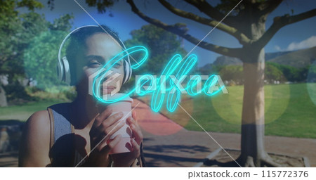 Neon blue coffee text banner against african american woman drinking coffee in the park 115772376