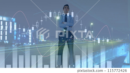 Image of financial data over caucasian businessman and road traffic 115772426