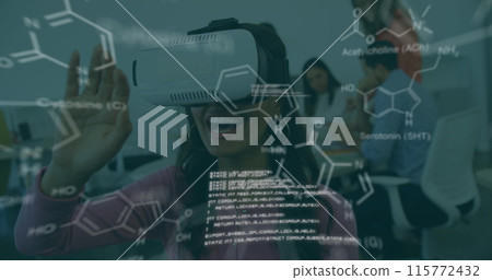 Image of scientific data over biracial woman wearing vr headset in office Image of scientific data over biracial woman wearing vr headset in office 115772432