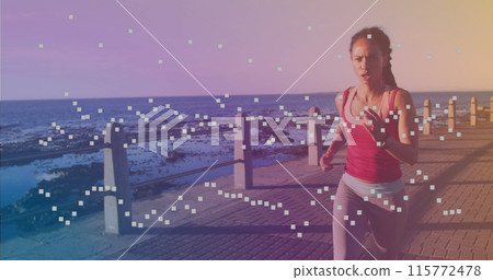 Square shape moving against african american fit woman running on the promenade 115772478