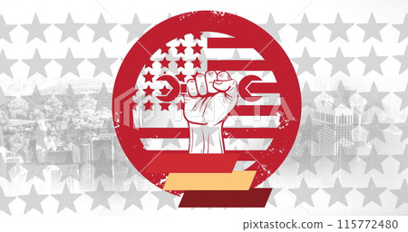 Image of hand with tool icon and american flag over cityscape Image of hand with tool icon and american flag over cityscape 115772480