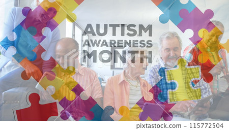 Image of colourful puzzle pieces and autism text over senior friends using electronic devices Image of colourful puzzle pieces and autism text over senior friends using electronic devices 115772504