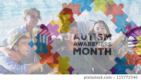 Image of colourful puzzle pieces and autism text over happy friends at summer beach party Image of colourful puzzle pieces and autism text over happy friends at summer beach party 115772540