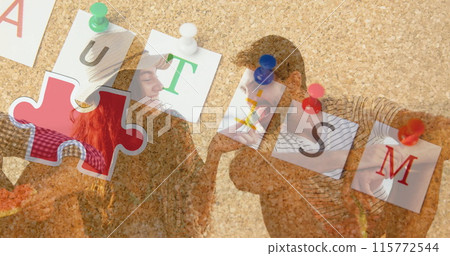 Image of colourful puzzle pieces and autism text over happy friends at summer beach party 115772544