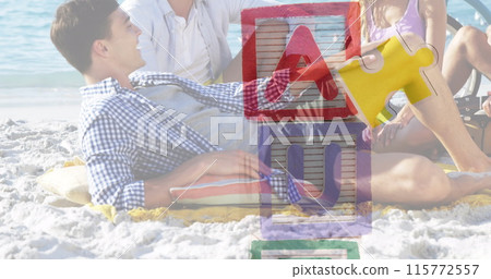 Image of colourful puzzle pieces and autism text over happy friends at summer beach party Image of colourful puzzle pieces and autism text over happy friends at summer beach party 115772557