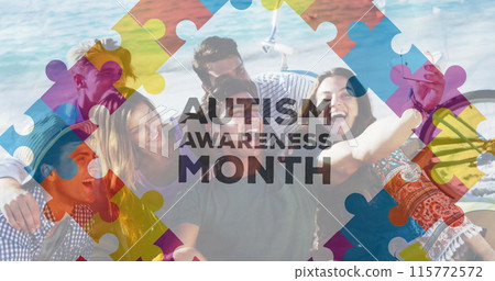 Image of colourful puzzle pieces and autism text over happy friends at summer beach party Image of colourful puzzle pieces and autism text over happy friends at summer beach party 115772572