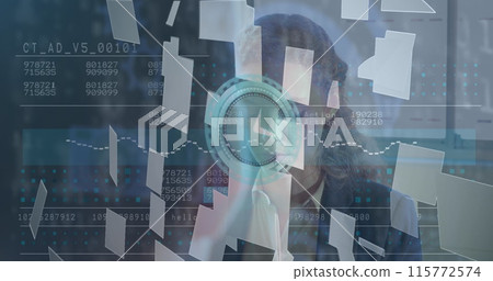 Image of financial data, clock and digital cloud over caucasian businesswoman Image of financial data, clock and digital cloud over caucasian businesswoman 115772574