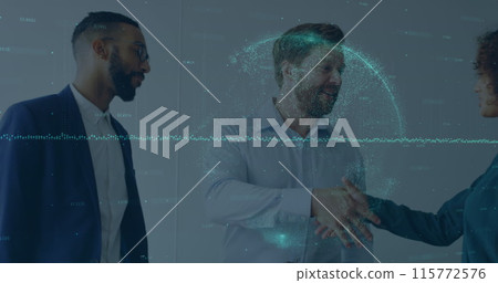 Image of financial data over diverse businesspeople shaking hands Image of financial data over diverse businesspeople shaking hands 115772576
