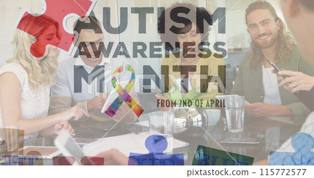 Image of colourful puzzle pieces and autism text over business colleagues using tablet Image of colourful puzzle pieces and autism text over business colleagues using tablet 115772577