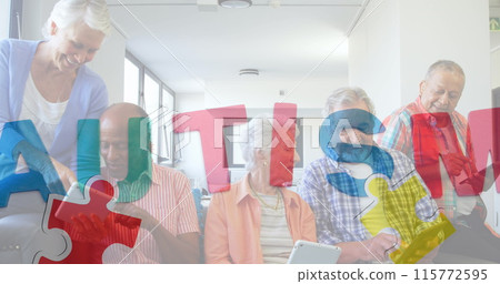 Image of colourful puzzle pieces and autism text over senior friends using electronic devices Image of colourful puzzle pieces and autism text over senior friends using electronic devices 115772595