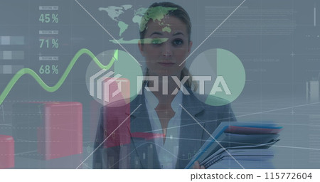 Image of financial data over caucasian businesswoman with documents Image of financial data over caucasian businesswoman with documents 115772604